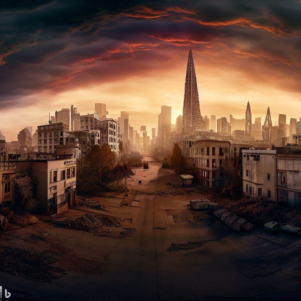 a post apocalyptic panorama of San Francisco at sunset
