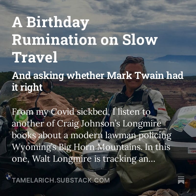 Ad for Tamela's article, "A Birthday Rumination on Travel"