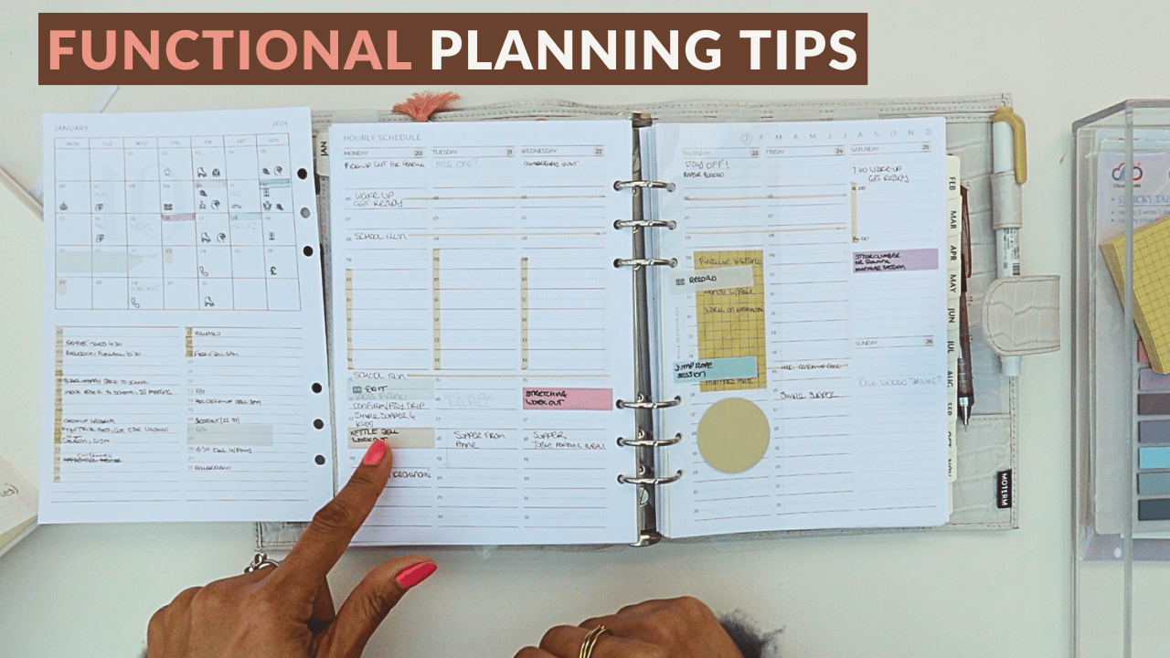 Img: A weekly paper planner insert. Txt: Functional Planning Tips