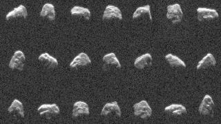 a grainy image of the same space rocket shown from many different angles, presented in three rows of seven images, all against black space