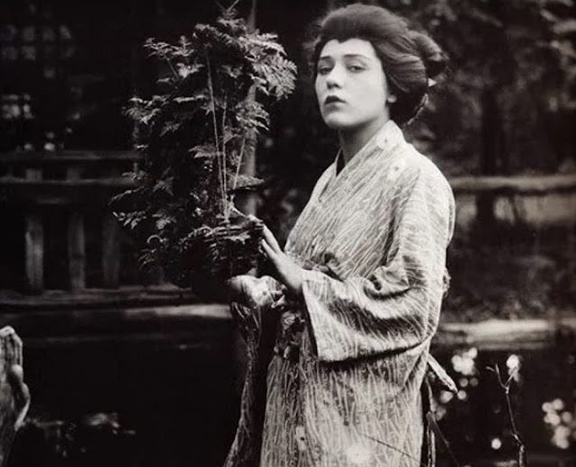 Mary Pictford is pictured wearing a kimono and black wig, holding a plant that looks like a bonsai