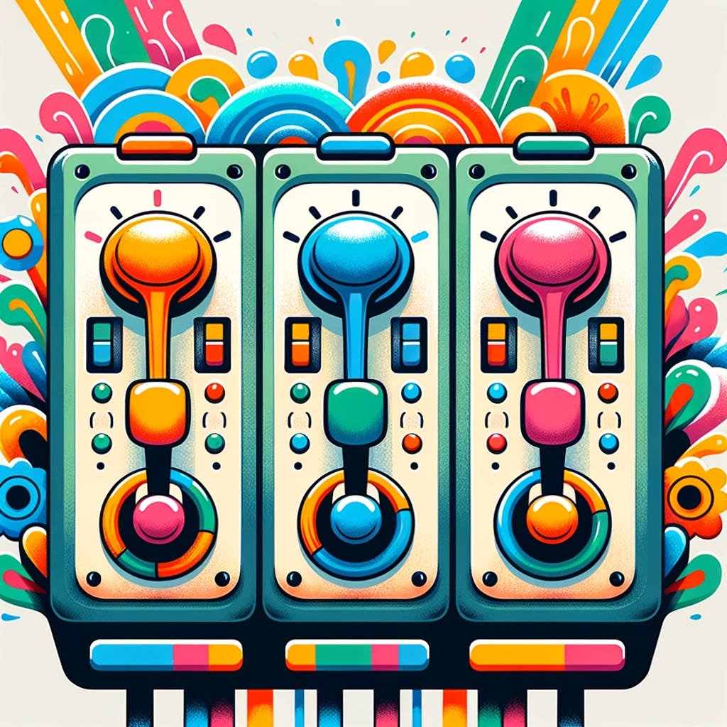 Design a vibrant and fun cartoon image that strictly includes only three levers on a control panel, ensuring no labels are present. The composition should be symmetrical, with each lever painted in bright, eye-catching colors to stand out against a whimsical and inviting background. The control panel should exude a sense of playfulness and creativity, encouraging viewers to imagine controlling various aspects of joy and enthusiasm. The background must be simple yet engaging, with abstract elements that complement the lively vibe of the control panel while keeping the focus clearly on the three distinct levers.