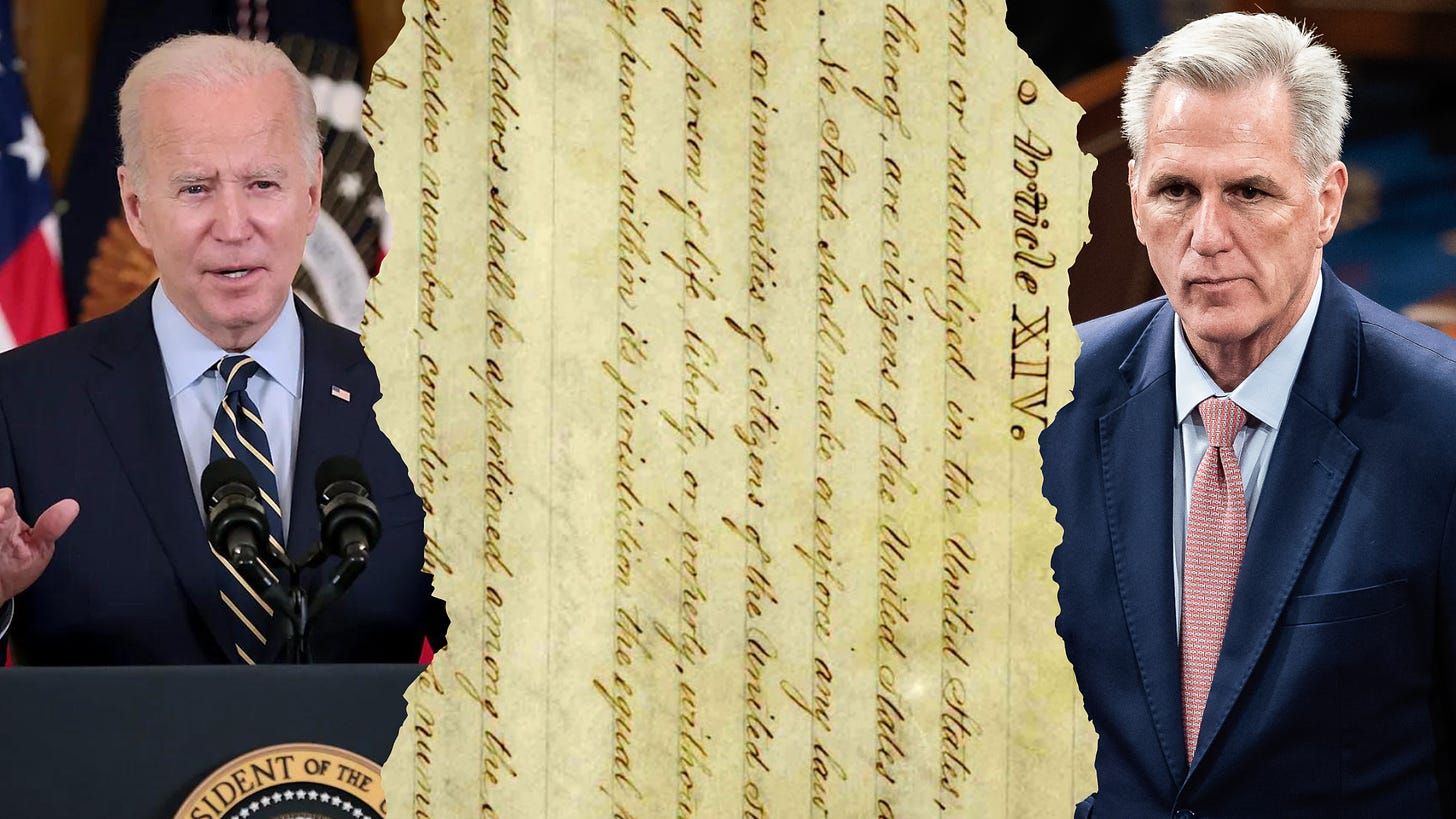 President Biden and Speaker McCarthy divided by image of the 14th Amendment