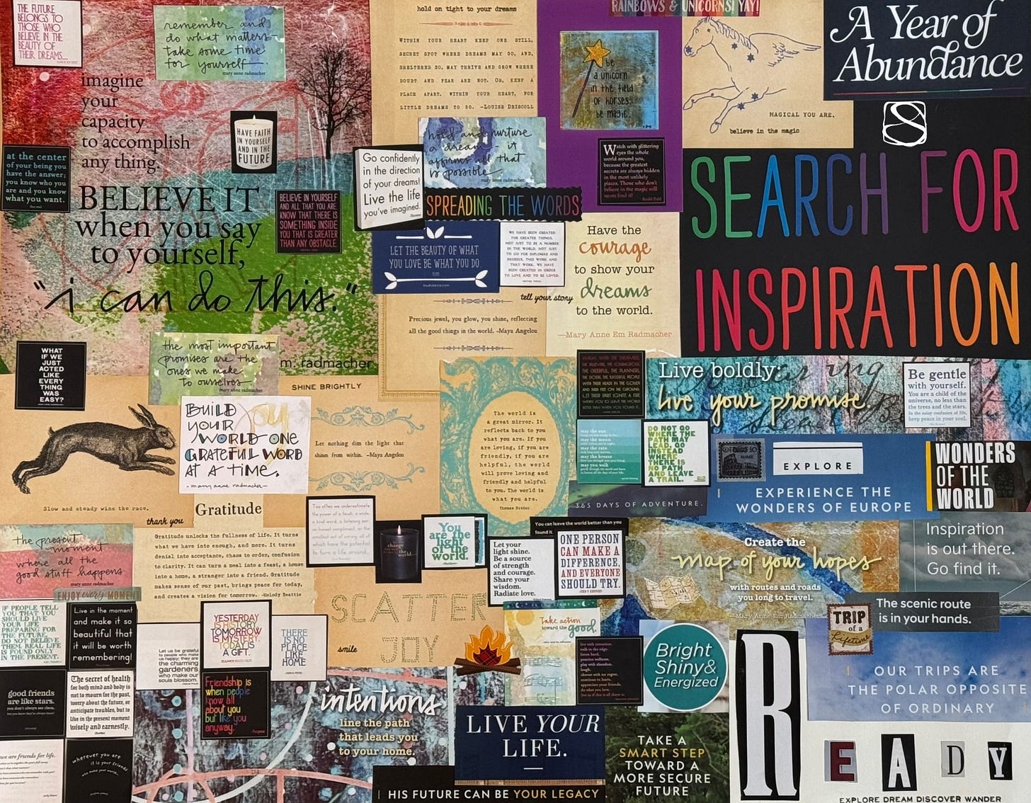 A colorful paper collage with various words and art representing the author’s intentions for the new year