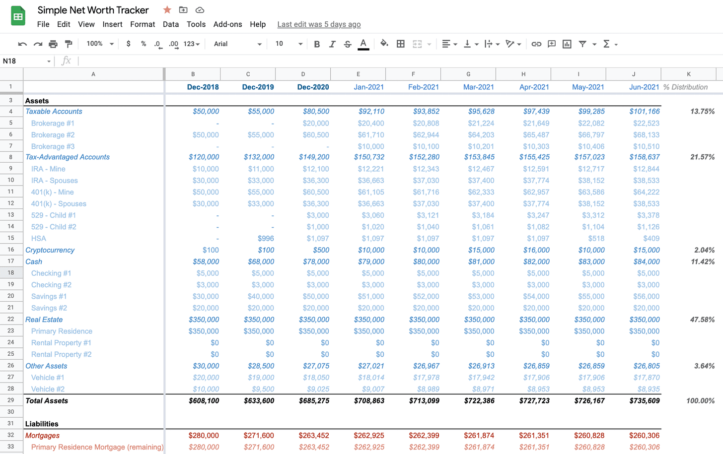 Simple Net Worth Tracker Spreadsheet