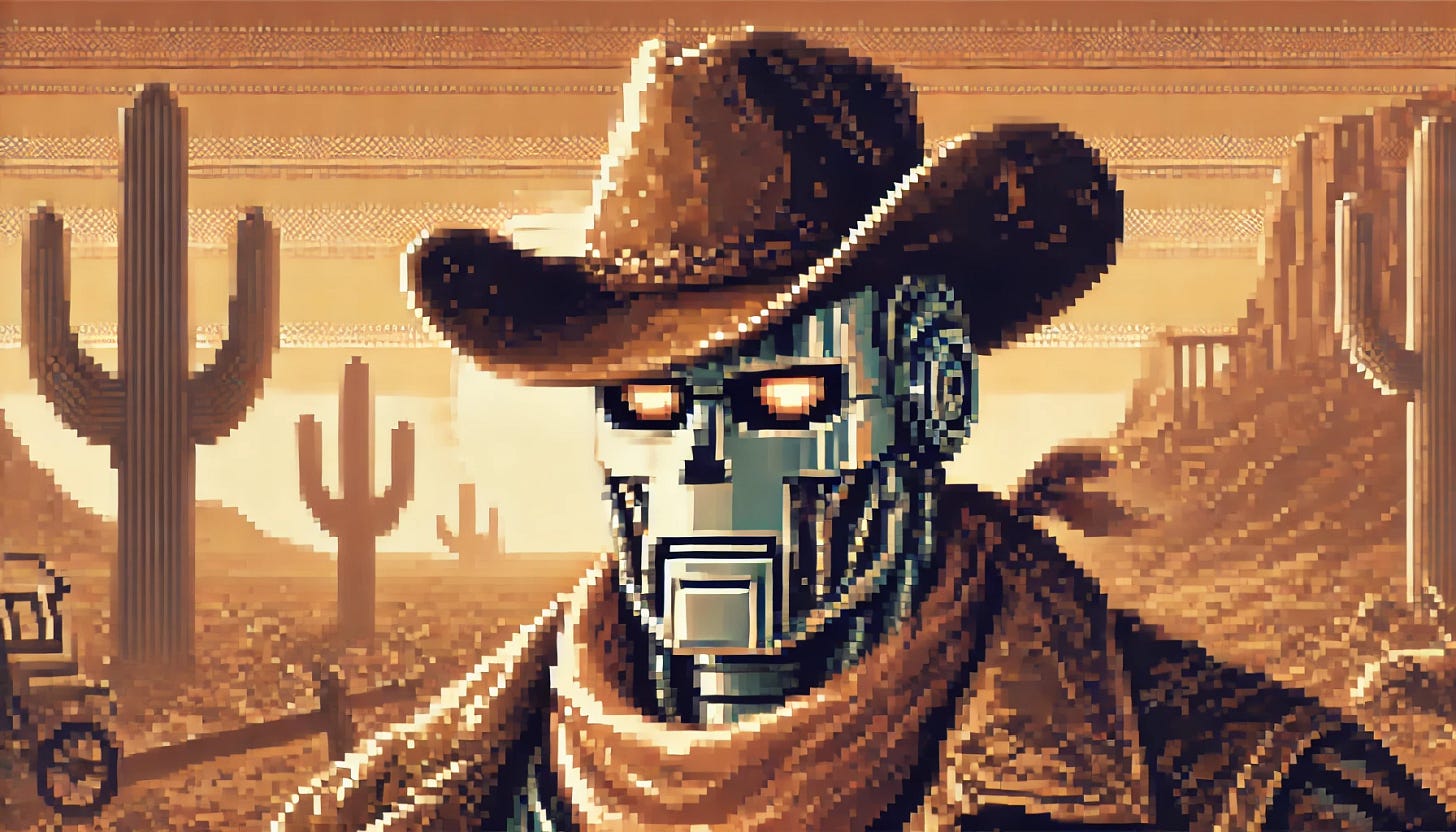 A pixel art scene in a 1980s frontier adventure style. A close-up of a robot wearing a cowboy hat, its metallic face reflecting the rugged Old West environment. The robot has a slightly weathered, dusty appearance, evoking the spirit of an adventurous gunslinger. The background is a desert landscape with a warm, setting sun. The image is in a 16x9 aspect ratio. No text.