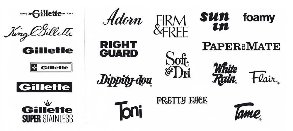 Gillette logos before 1970, also, Gillette-owned brand logos