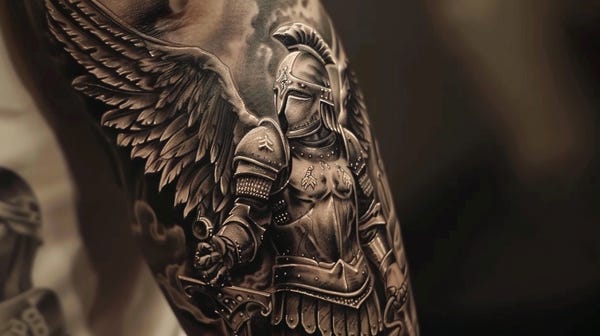 In this picture, St. Michael wears a strong Spartan armor.