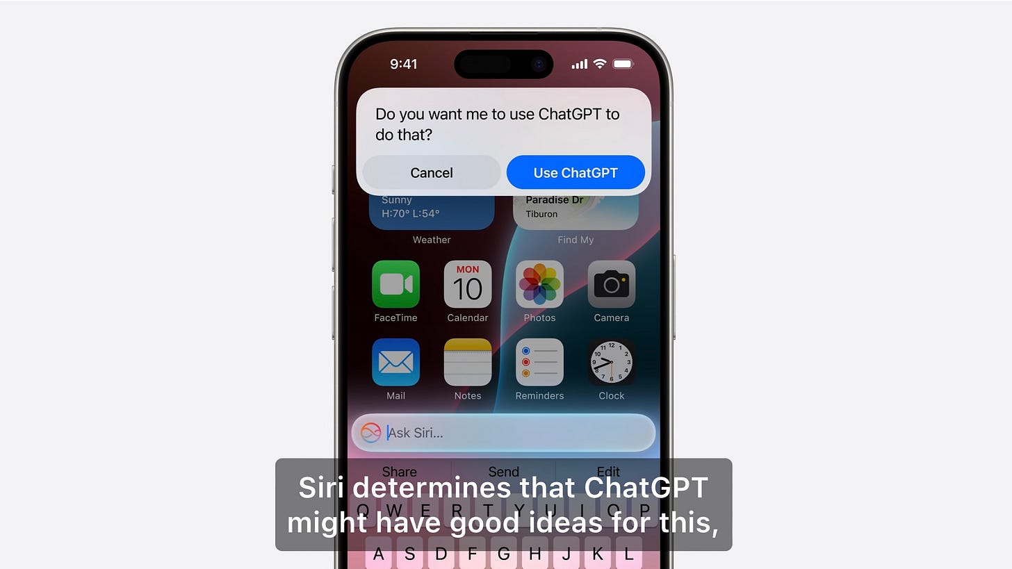 Screenshot from Apple keynote showing Siri handing off to ChatGPT