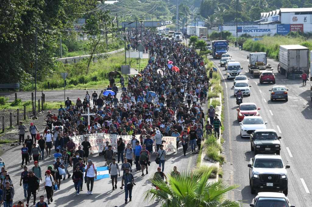 Migrants take part in a caravan towards the border with the United States in Tapachula, Chiapas State, Mexico, on October 30, 2023