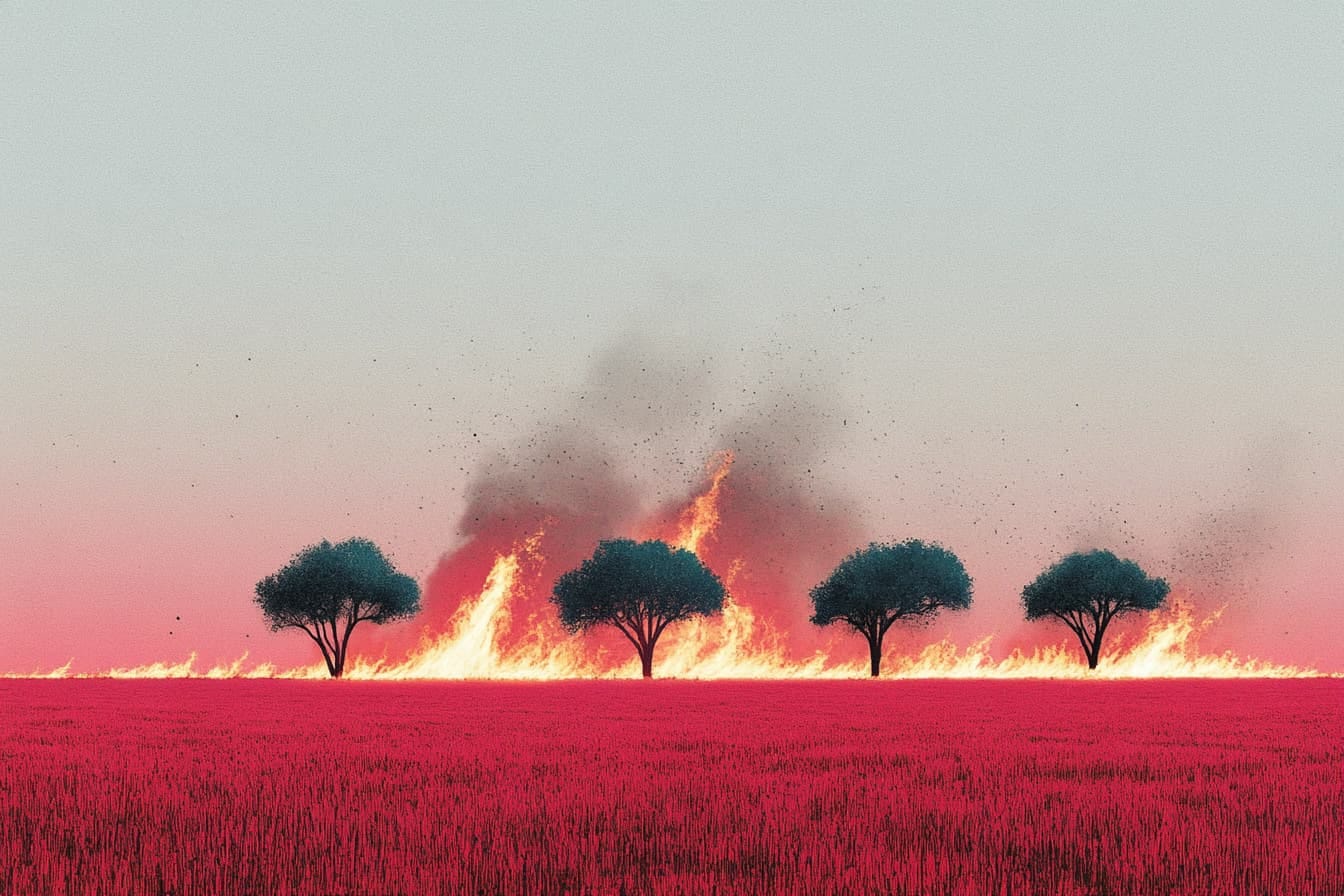 Four trees in a red field with a fire burning in the background