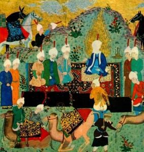 Imam Muhammad al-Baqir teaching in Medina. Painting by Qasim Ali, ca. 1525