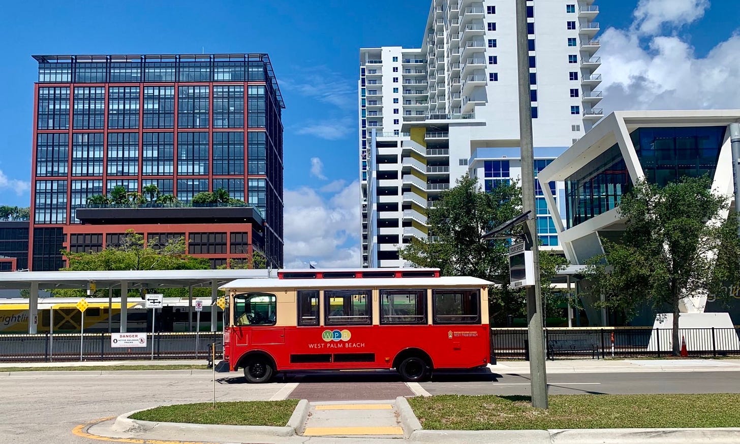 Skyline of West Palm Beach with trolley in the foreground.