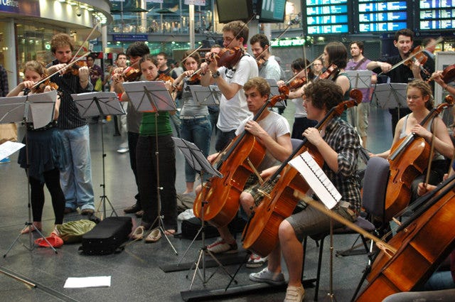An orchestra at Piccadilly Station.