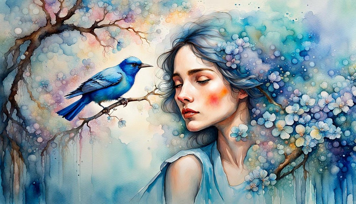 Blue Blossom bird and woman portrait