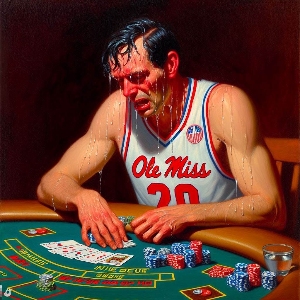 A man in an Ole Miss basketball jersey playing blackjack and sweating profusely, in the style of Winslow Homer