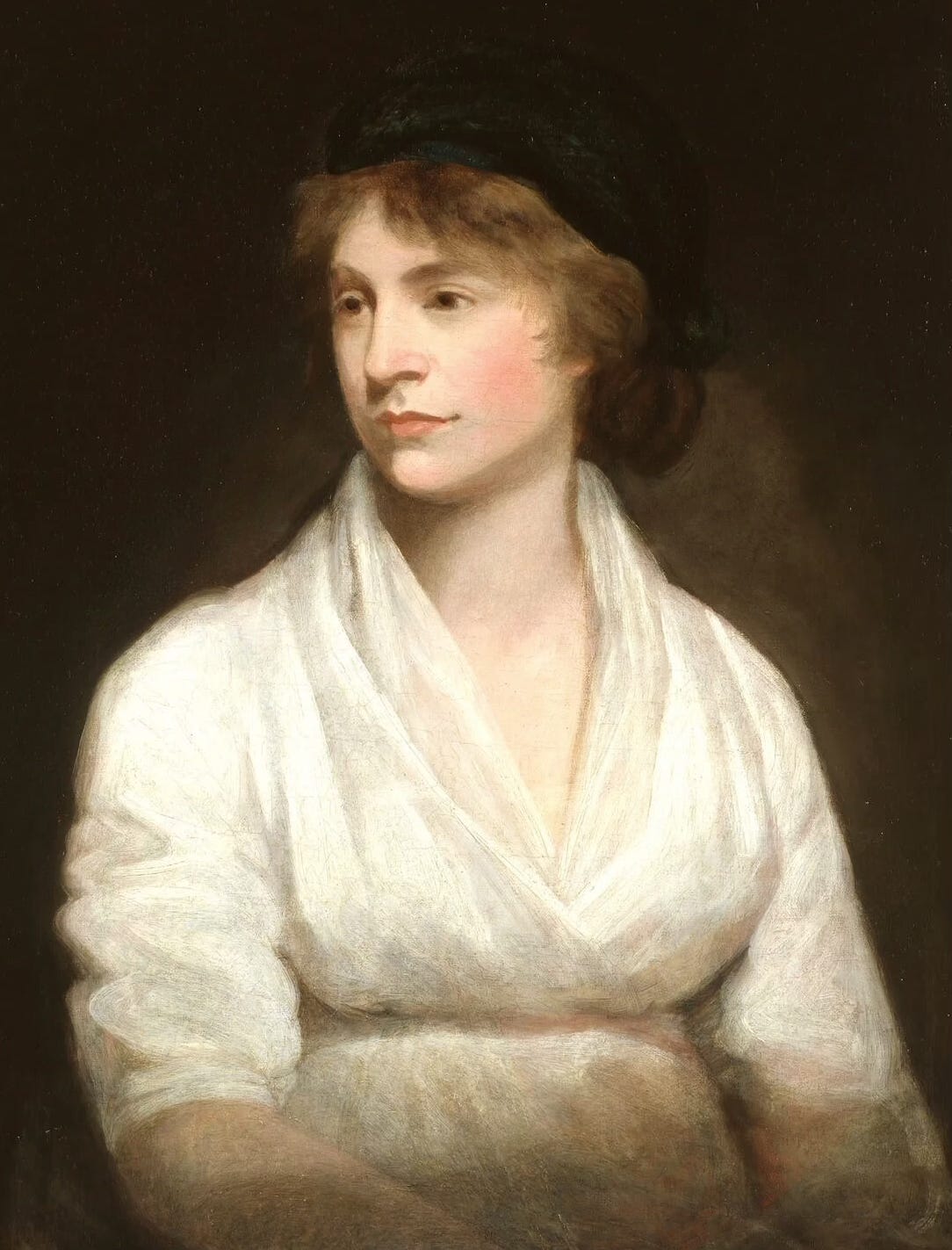 A portrait of Mary Wollstonecraft by John Opie, made a few months before her death. She is wearing a loose white gown, cinched gently at the waist.