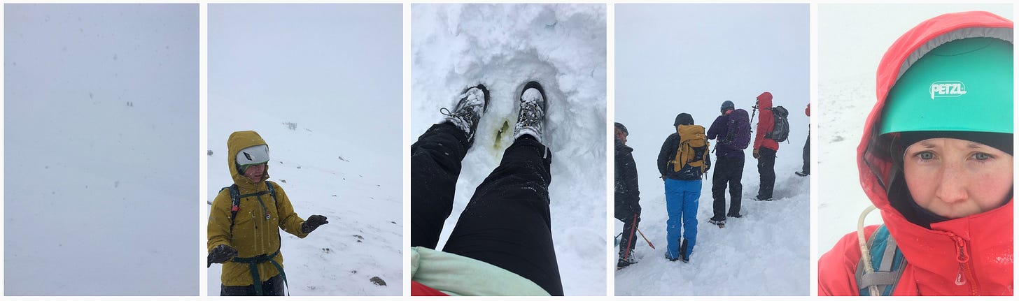 Images: 1. Starting to be a bit of a whiteout.; 2. Alice mid-explanation; 3. My pleasing wee crevasse; 4. The group’s wee wall; 5. Feeling better after having emptied my bladder, but now in a whiteout.