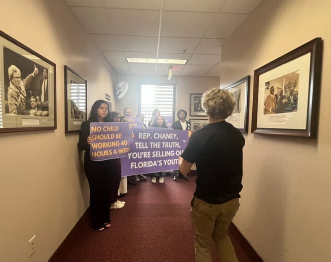 On Tuesday, Jan. 16, 2024, Gen Z protesters piled into the office of Republican Rep. Linda Chaney of St. Pete Beach, the sponsor of a bill that peels back child labor laws in Florida. They wanted to speak to Chaney, but ended up sharing their concerns with an aide.