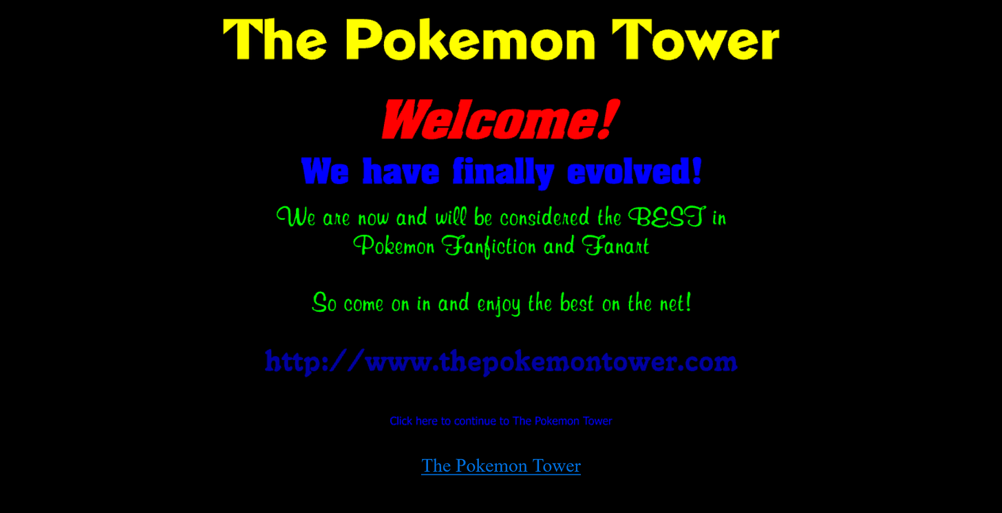 The Pokémon Tower splash page from April 2002