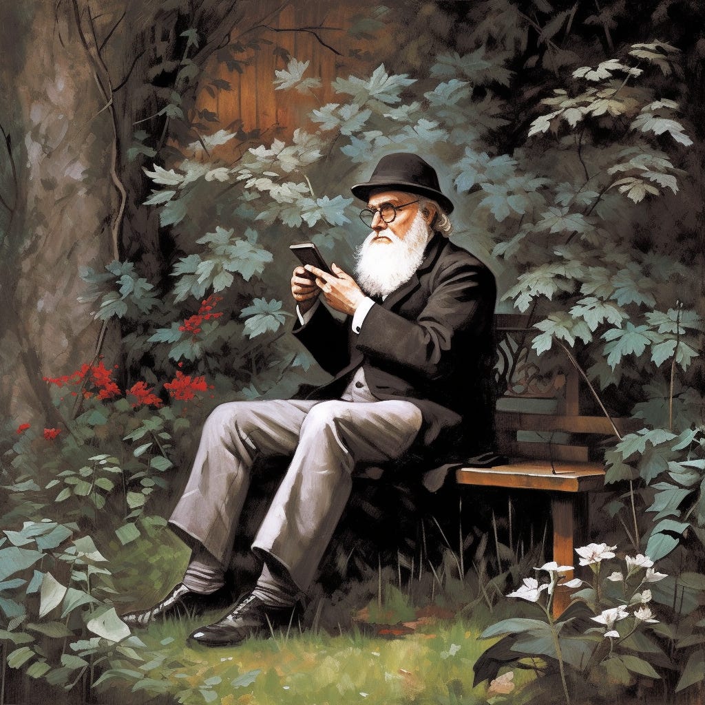 Darwin in a garden with a cellphone.