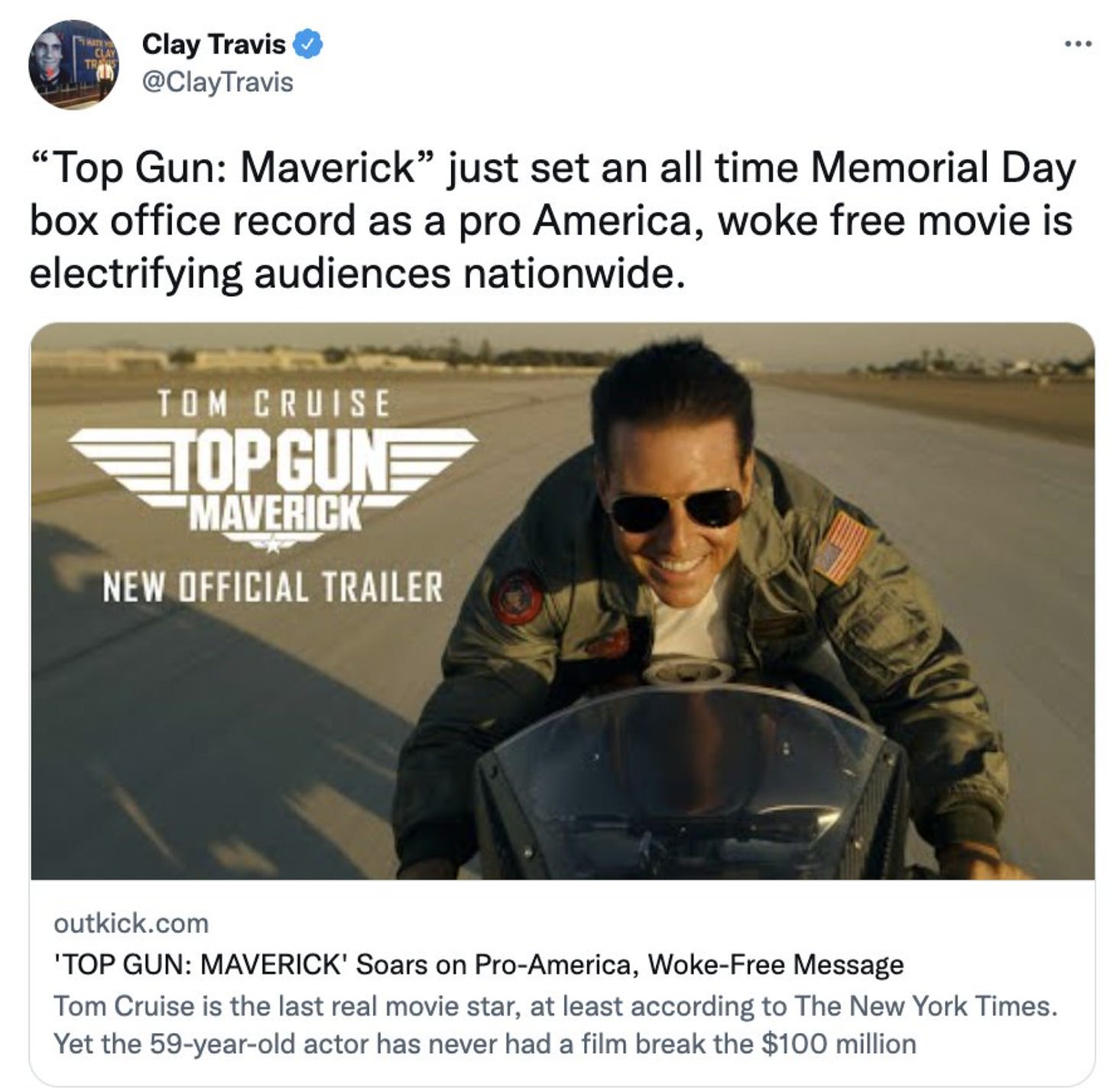 Screenshot of tweet from Clay Travis discussing how Top Gun: Maverick is anti-woke, American film.