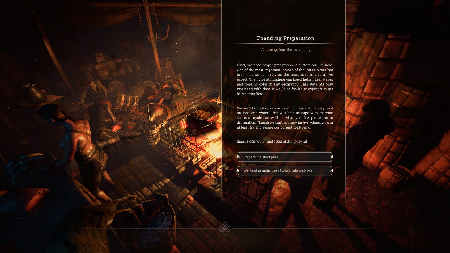A screenshot of the game New Cycle in Early Access, showing a community meeting around a fireplace, and the message for Unending Preparation, where the player can choose whether to stockpile resources or not.