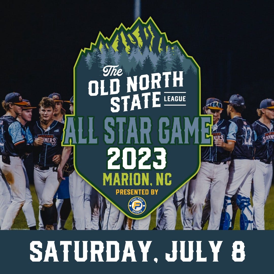 May be an image of 5 people, people playing softball, poster and text that says 'OLD The NORTH STATE LEAGUE INERS ALL STAR GAME 2023 MARION, NC PRESENTED BY SANNE SPORTS SATURDAY, JULY 8'
