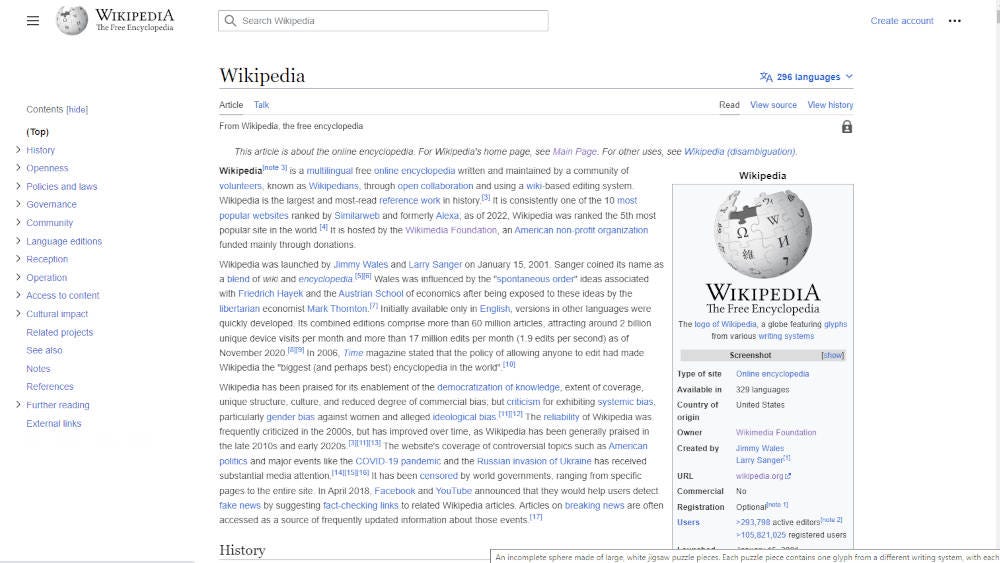 The Wikipedia entry for Wikipedia showing the new Vector 2022 interface