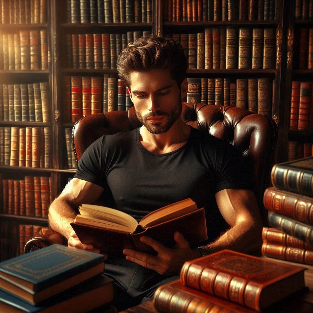 A handsome man in a black t-shirt sits in a well-appointed home office full of leatherbound books, reading a leatherbound book. Warm glow. Slight impressionist style.