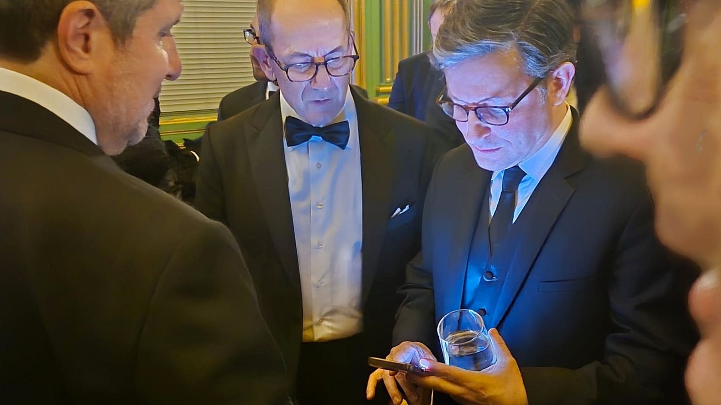 Speaker of the House, Mike Johnson, with Mara CEO Fred Thiel. Johnson seen texting President Donald Trump a photo of the Trump47 bitcoin block minted by Mara earlier that day.