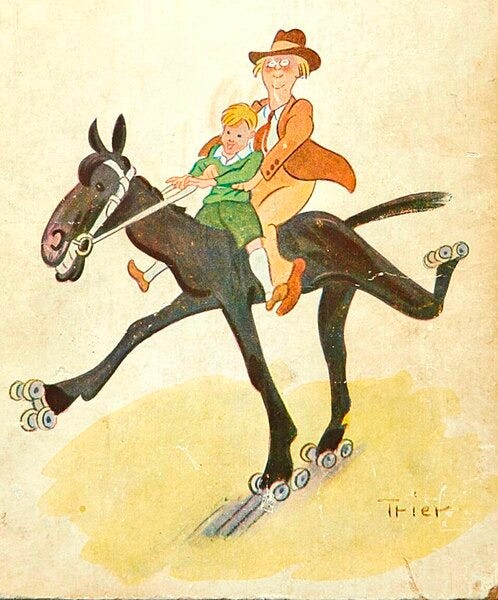 Colorful, funny drawing for children of a blond man and child riding a horse who's wearing roller skates