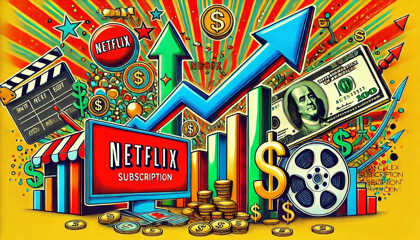 A vibrant, pop-art style illustration in 16:9 format showing the Netflix logo prominently with a stock market chart climbing upwards. The scene includes elements like upward-pointing arrows, dollar signs, and a movie reel to represent the entertainment industry. Bold colors such as red, green, and gold, are used to emphasize growth. In the background, a Netflix subscription price tag is rising as part of the visual composition, symbolizing the price hike announcement.