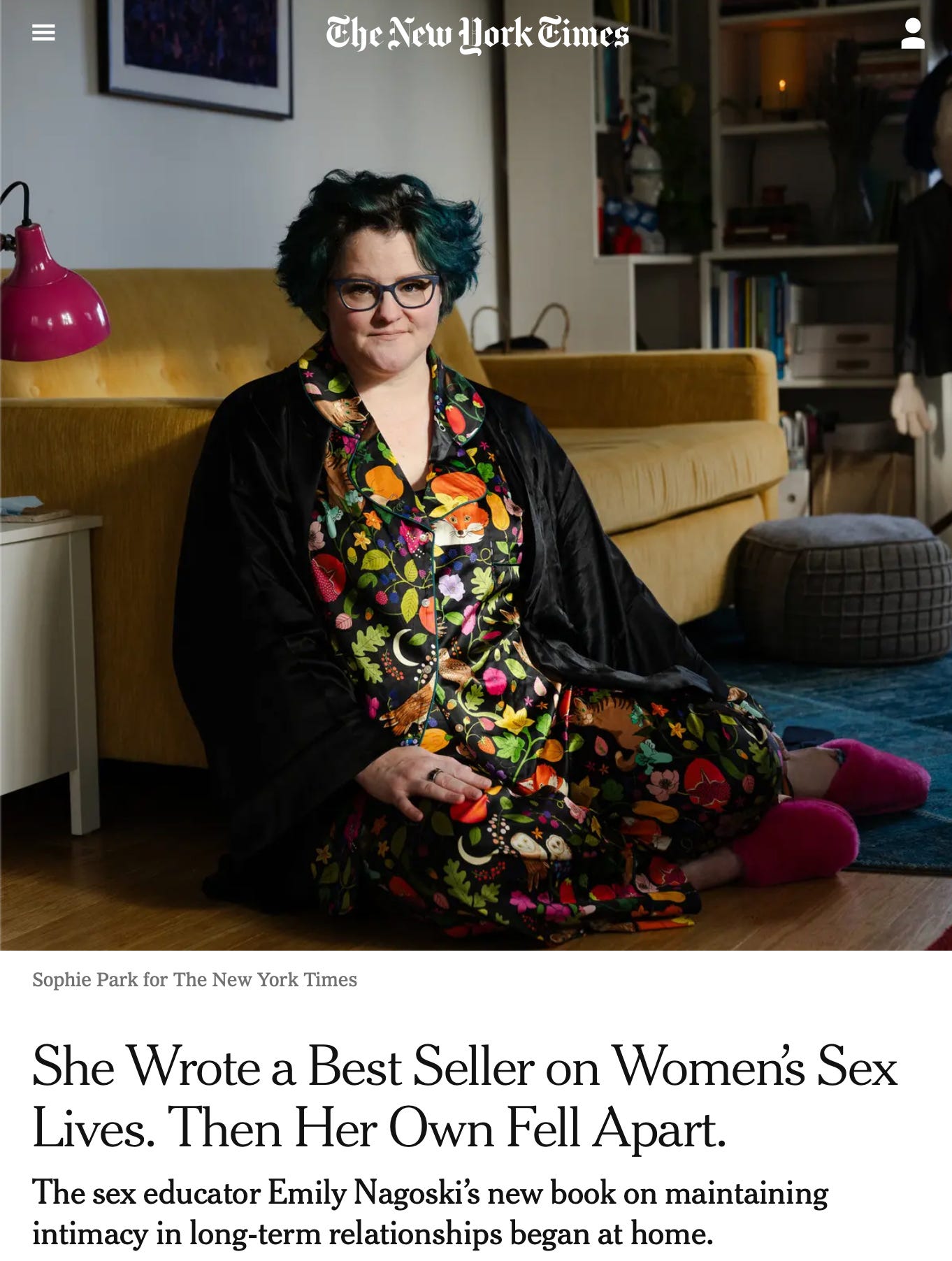 Emily being super cool in silk pajamas in the New York Times