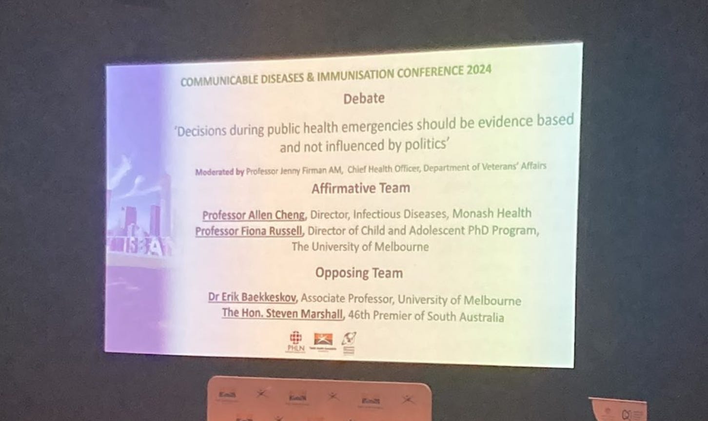 Powerpoint slide titled: "Debate - Decisions during public health emergencies should be evidence based and not influenced by politics"