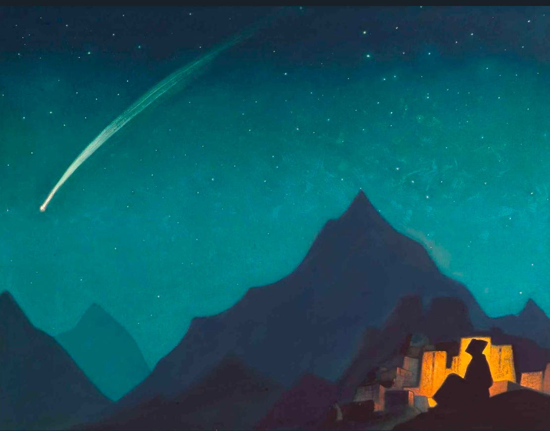 A landscape painting of a turquoise night sky with a falling star over dark blue mountains, a figure in silhouette outlined by a small glowing light in the far right corner gazing up, "Star of the Hero," Nicholas Roerich, 1936