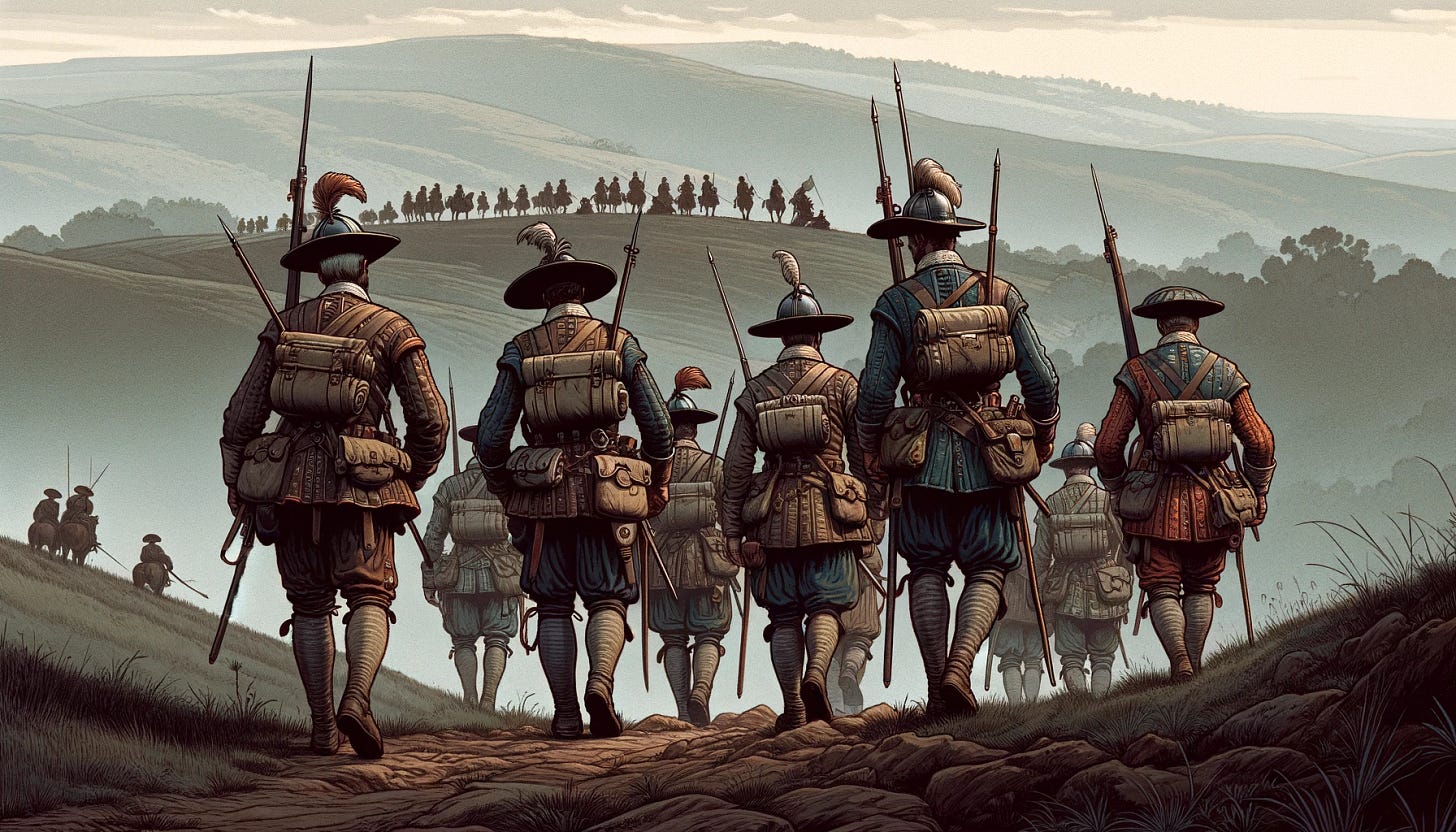 Create an illustration showing a late 16th to early 17th century Portuguese army in retreat, this time with the soldiers walking away from the viewer. They should be accurately dressed in period attire, including morions, breastplates, and carrying matchlock muskets, emphasizing the back view of their uniforms and equipment. The soldiers should appear weary and defeated as they ascend into the rolling hills. Include a few soldiers helping their wounded comrades. The image should convey a sense of solemn departure, with a focus on the historical authenticity of their attire and the landscape, using a subdued color palette.