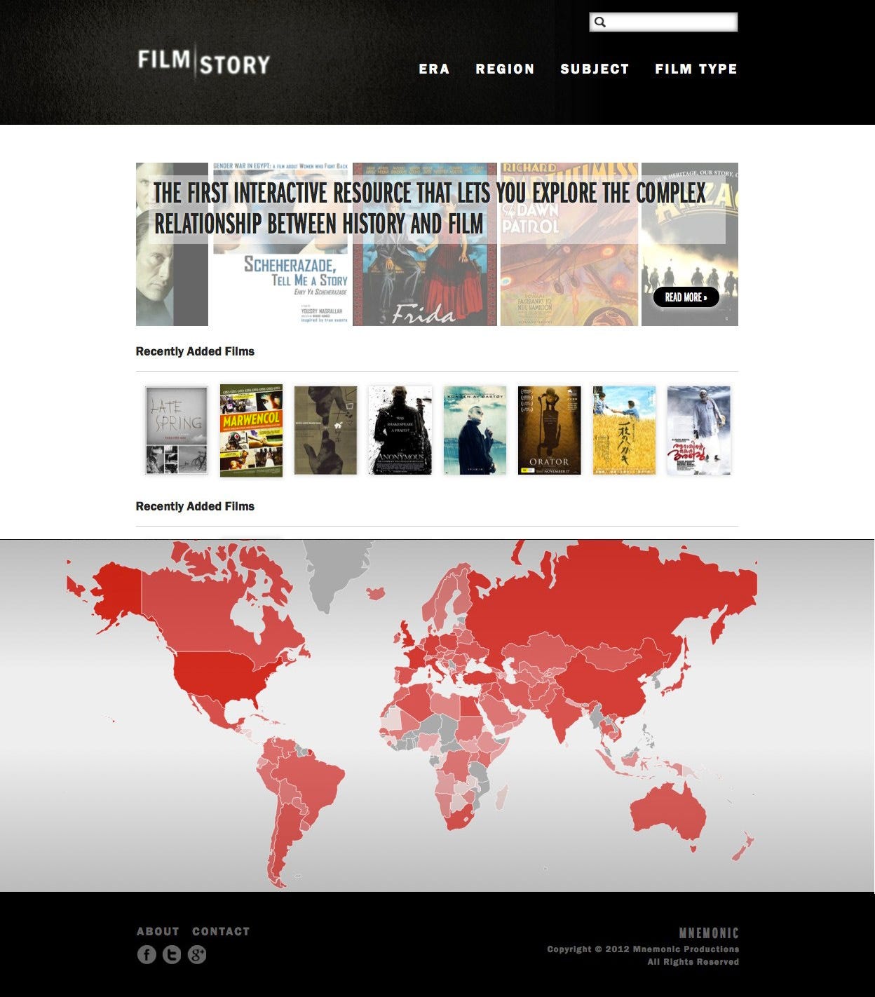 Screencapture of a now-defunct website, FilmStory. The navigation is a black bar with the wordmark and four navigation items for searching the website's content. The middle of the page shows two rows of film posters with the text: THE FIRST INTERACTIVE RESOURCE THAT LETS YOU EXPLORE THE COMPLEX RELATIONSHIP BETWEEN HISTORY AND FILM. The bottom of the page has an interactive world map with countries in shades of red.