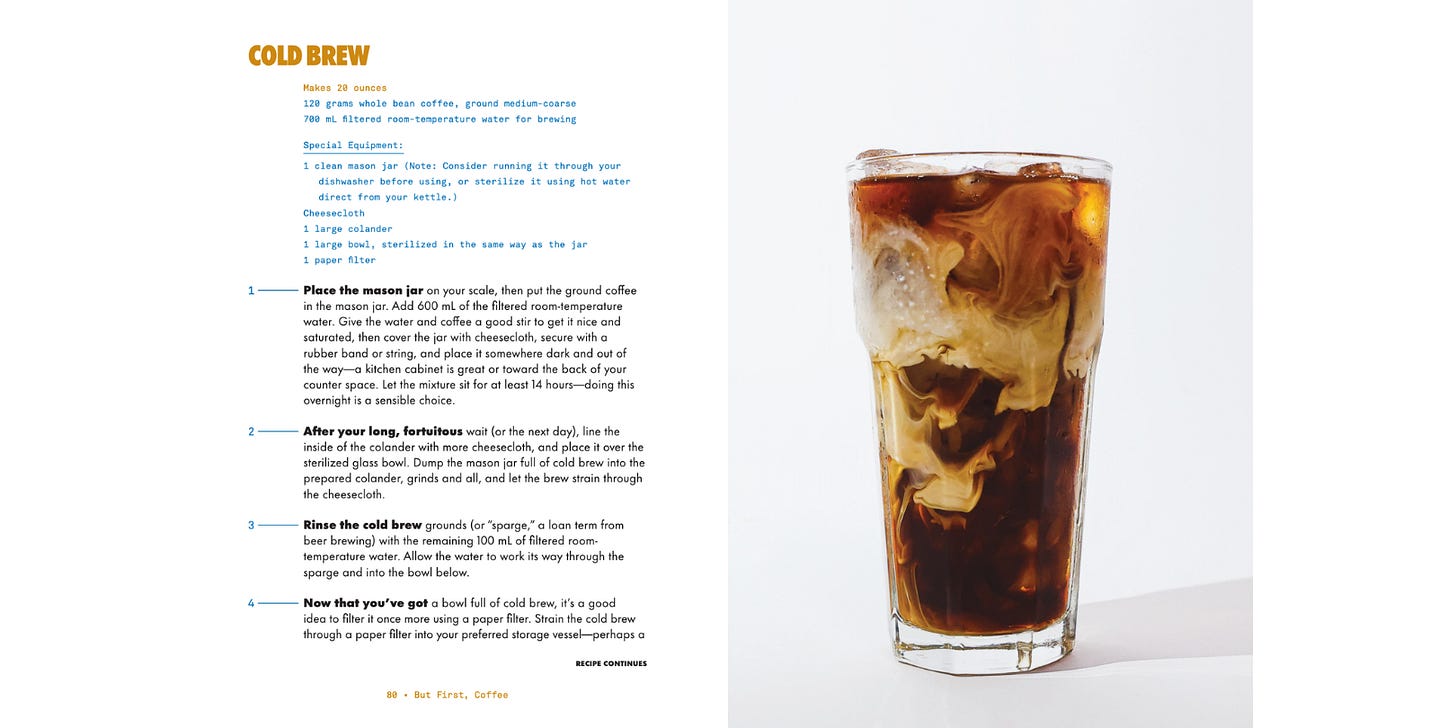 A two-page spread from the inside of a recipe book with a cold brew recipe on the left and a tall cold brew with milk mingling in the coffee on the right.