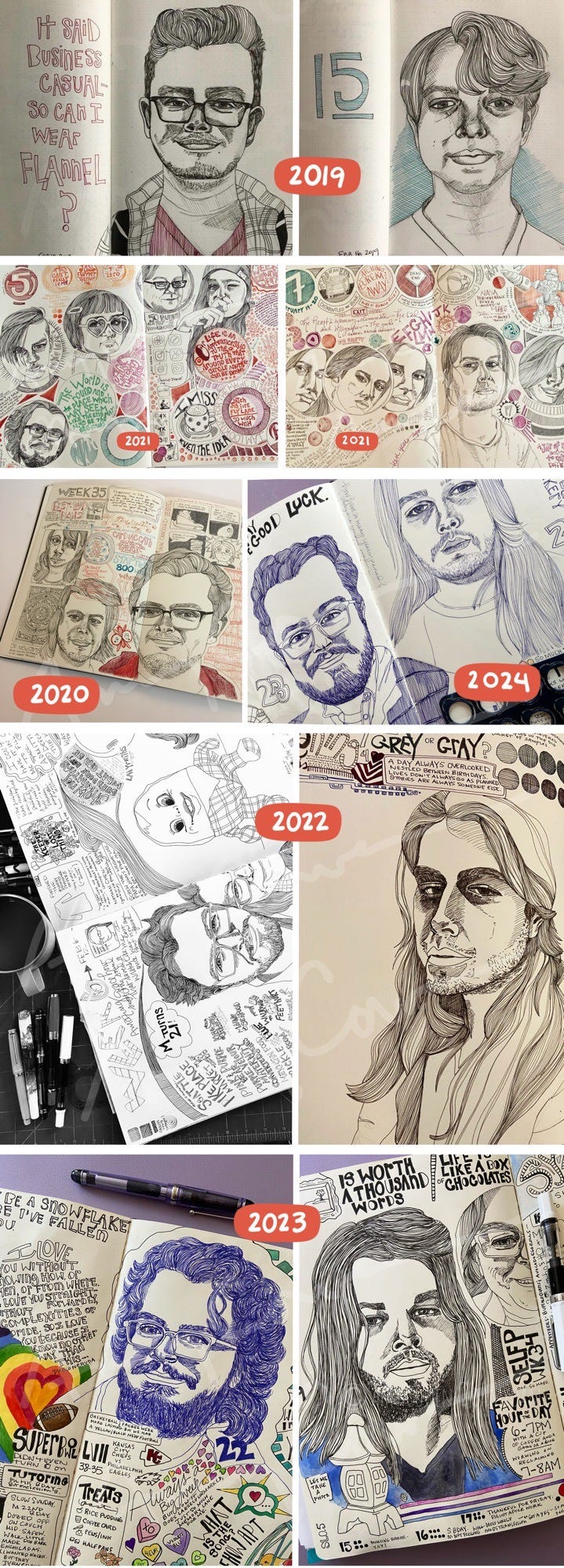 Portraits of people and my kids through the years in an illustrated journal 