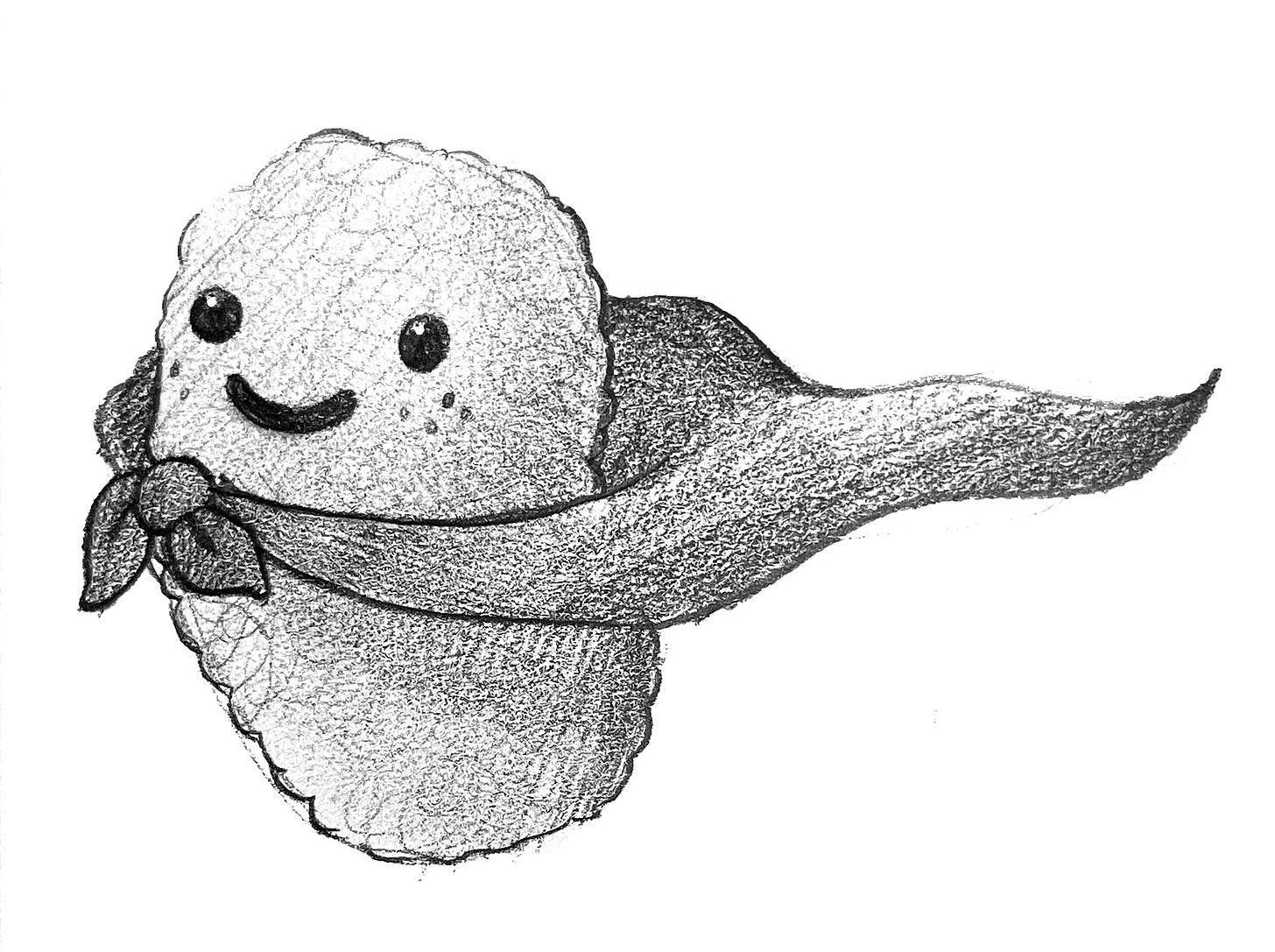 A black and white sketch of a chicken nugget wearing a cape and a smile