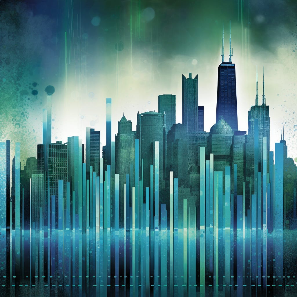 futuristic view of the chicago skyline imagined as bar charts and financial graphs, blue and green color palette