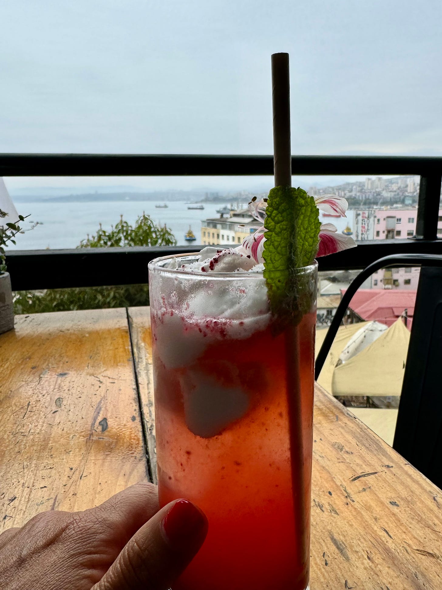 La mano de la autora toca un vaso con Terremoto en una terraza del puerto de Valparaíso, que se ve al fondo. Foto propia.