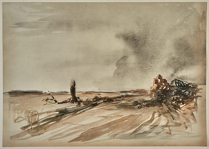 Untitled Drawings of World War I: Landscape with Village Ruins to Right
