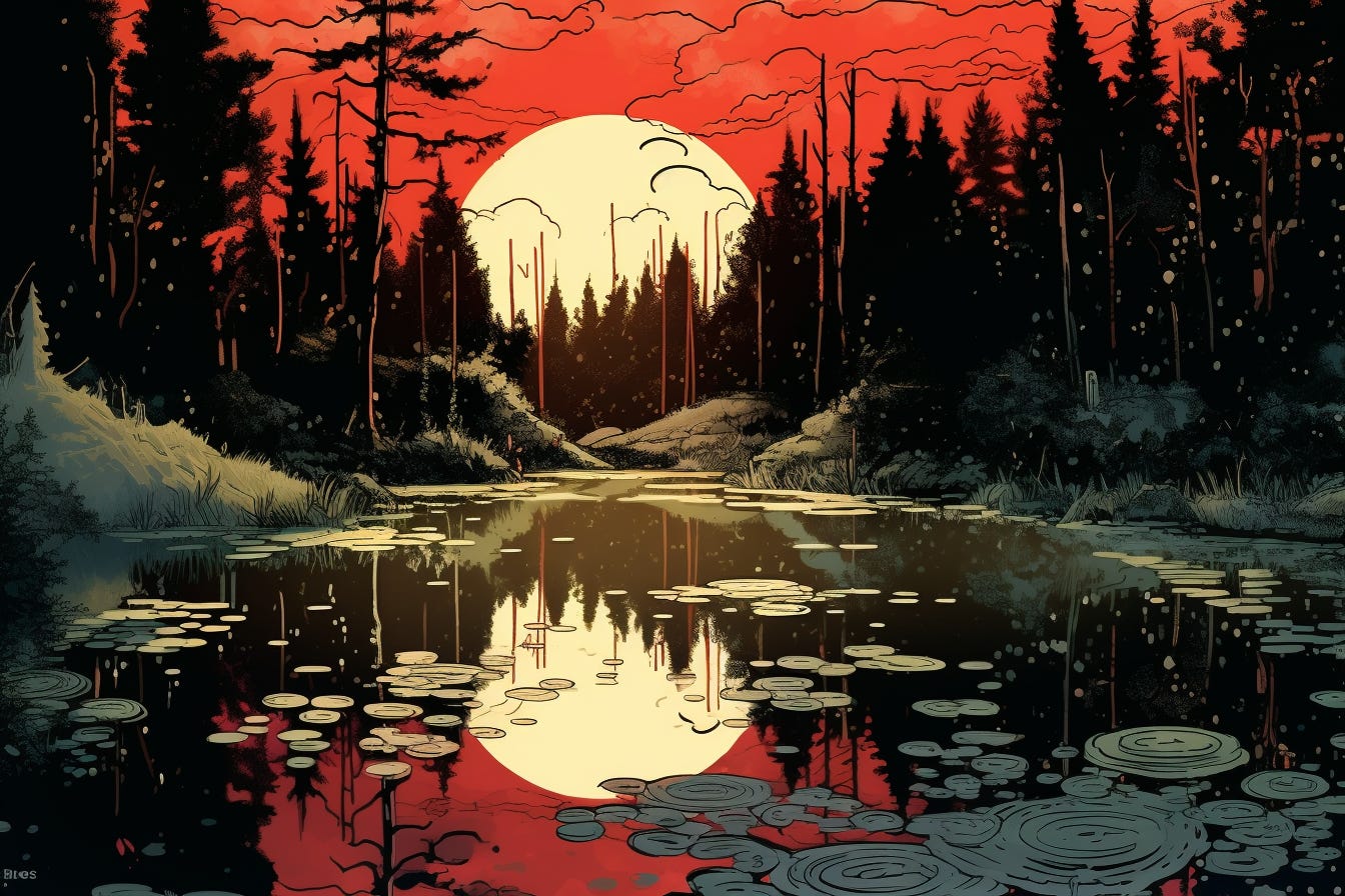 A sun rising over a swamp-like area with a red sky, creepy vibes