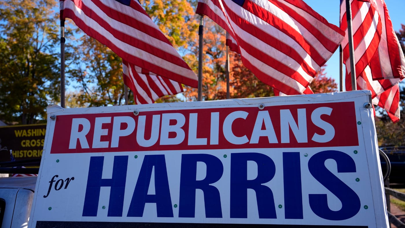 A 'Republicans for Harris" sign is seen before Democratic presidential nominee Vice President Kamala Harris speaks at a campaign event at Washington Crossing Historic Park, Wednesday, Oct. 16, 2024, in Washington Crossing, Pa. (AP Photo/Matt Slocum)