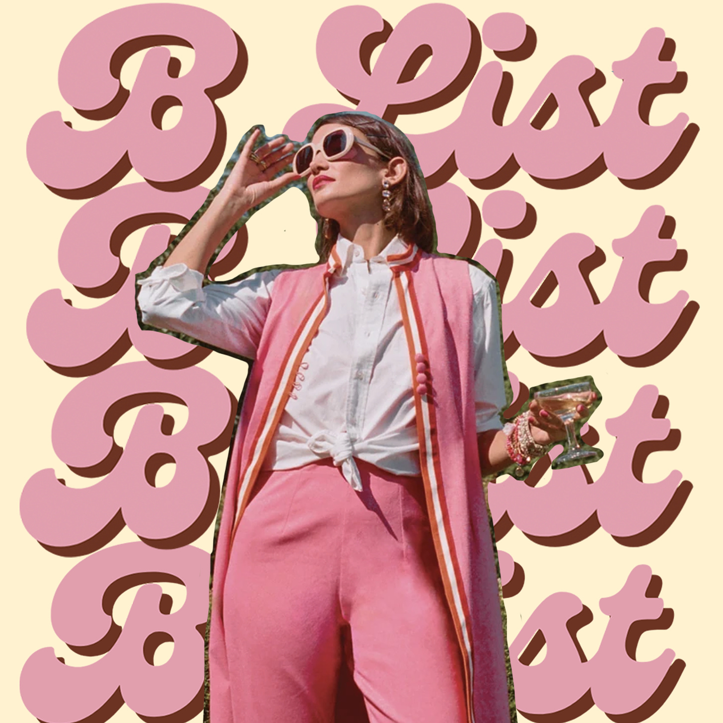 Image of a woman in pink holding a martini