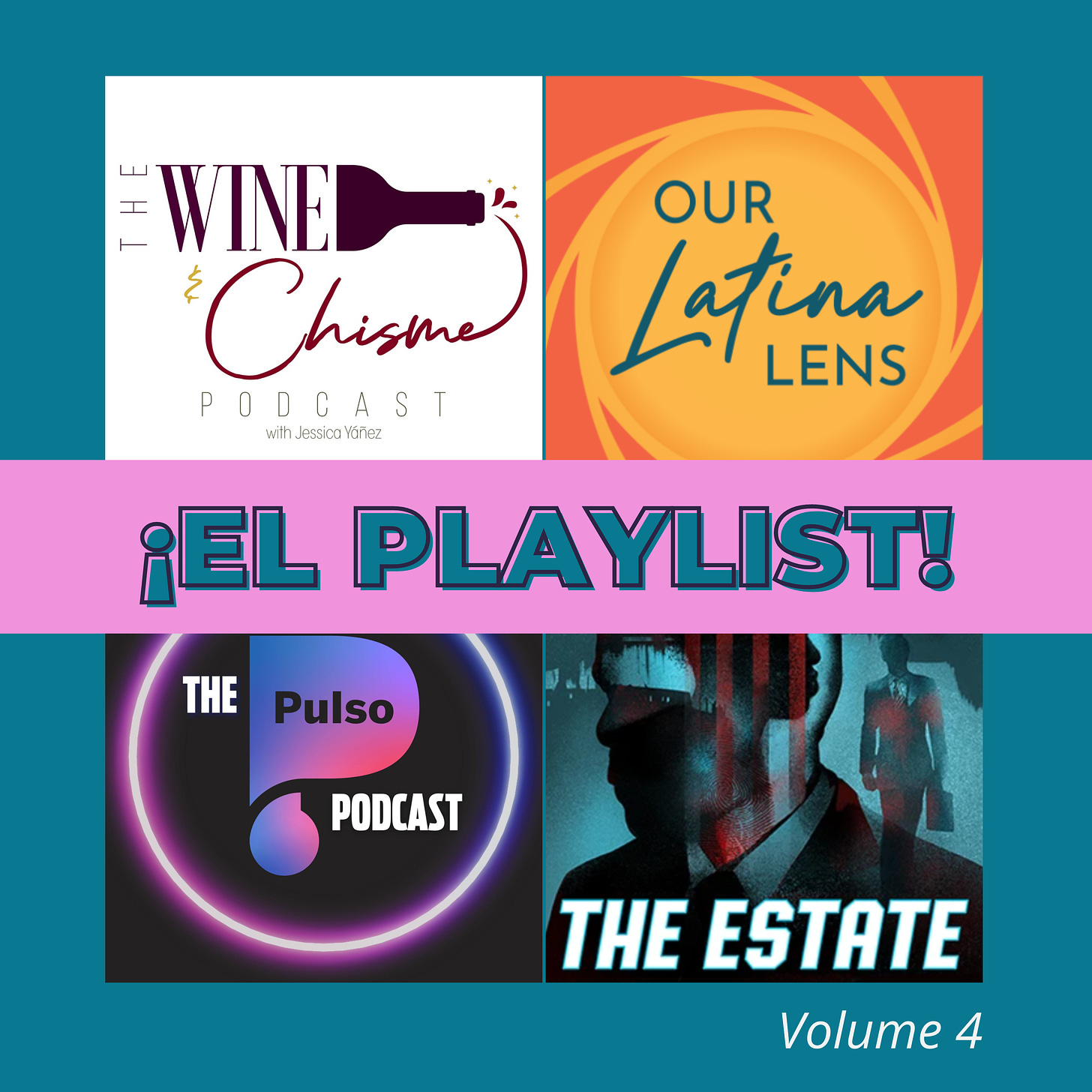 Blue square featuring 4 podcast covers and the words El Playlist in blue outlined in black over a pink box