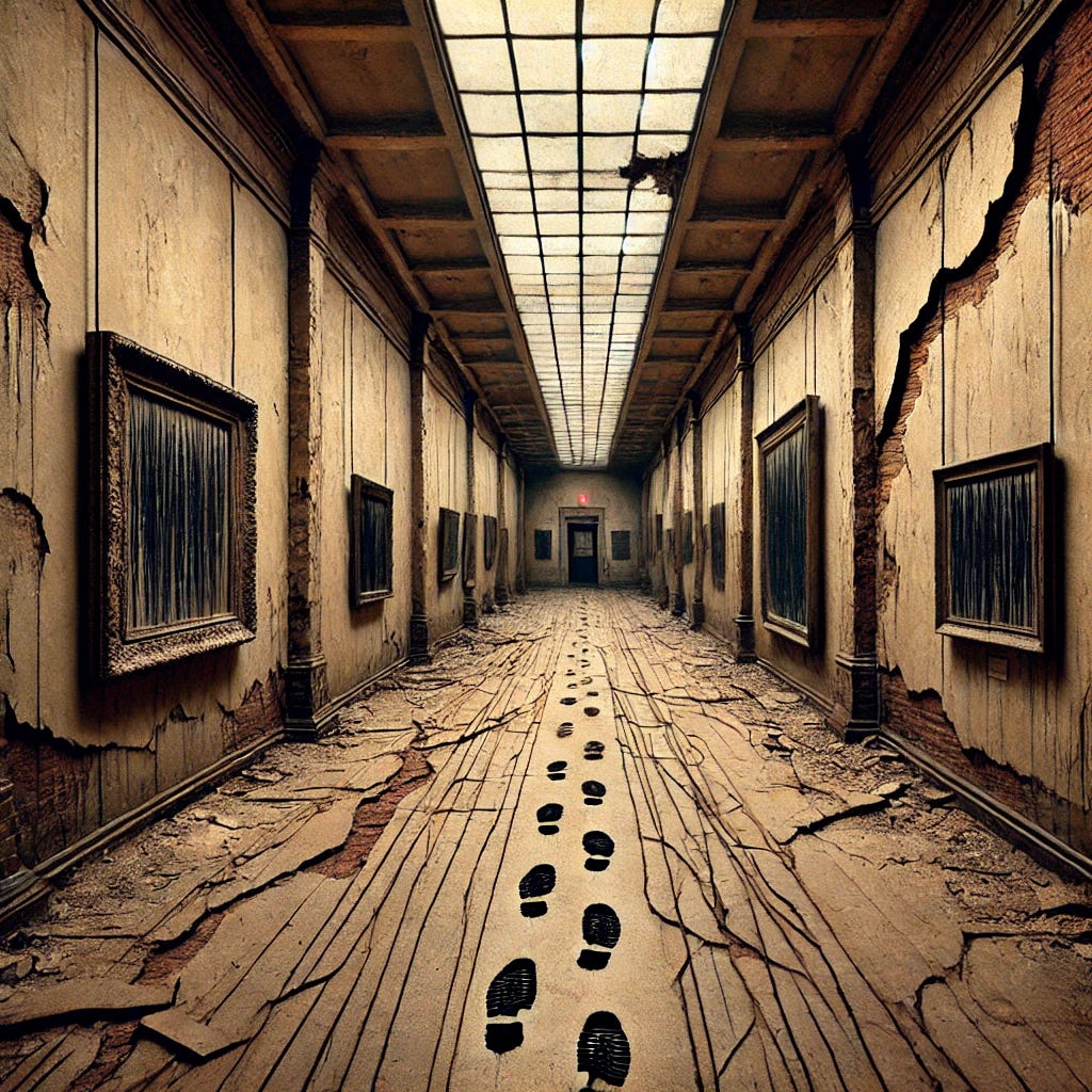 A completely dilapidated Met Museum-themed art gallery, resembling a long corridor with cracked and crumbling walls, exposed brick, and a floor in disrepair. The walls are bare, with only vague, indistinguishable marks left behind where paintings have been robbed, symbolizing a deep sense of loss. A single pair of dark, shadowy internet footprints is visible, leaving a faint trail behind as they move through the cracked floor. These footprints lead toward a clear exit door at the end of the corridor. The dim, eerie lighting casts long shadows, heightening the feeling of desolation, abandonment, and the haunting emptiness of the space.