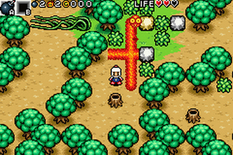 A screenshot from the first hour of Bomberman Tournament, with Bomberman navigating a forest full of tree stumps that serve as travel points, often separated by foes and vines that both need to be blown up to progress.